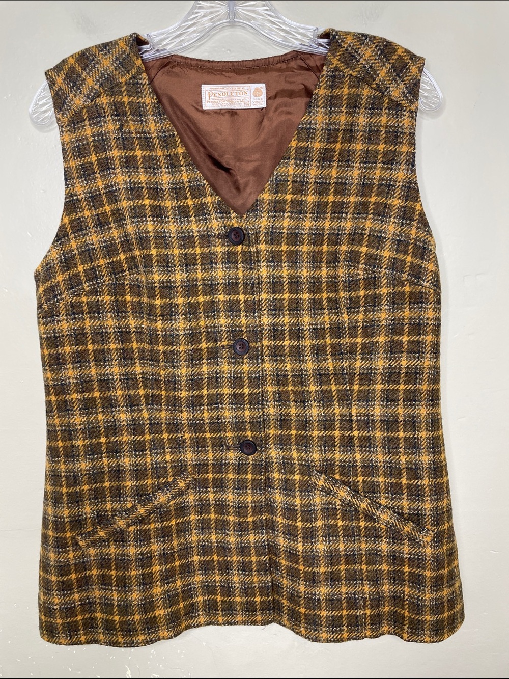 Pendleton VINTAGE Brown & Yellow Plaid WOOL Vest Nerdy Academia School Girl 14